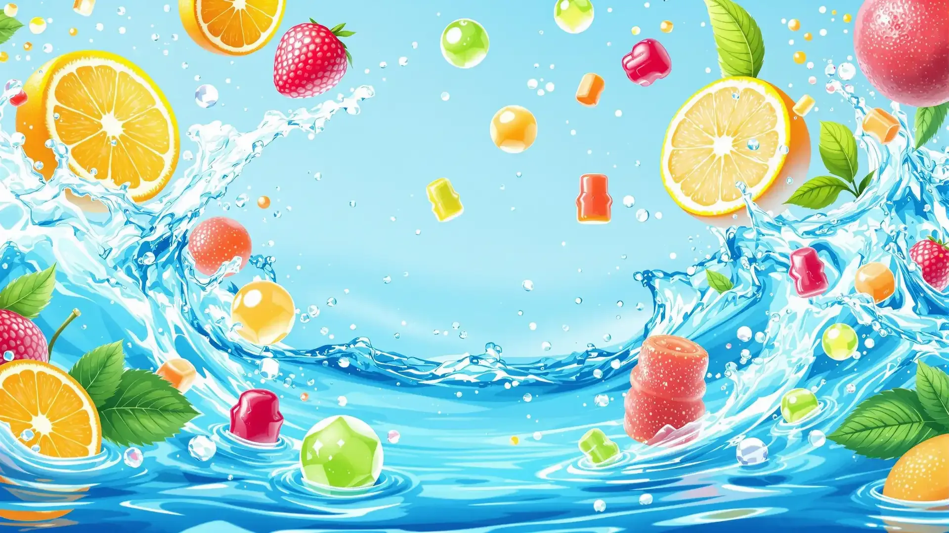 Refreshing scene of splashing water with vibrant citrus fruits and minerals, representing hydration, replenishment, and energy from electrolyte gummies.
